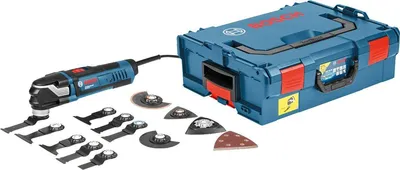 A Bosch multi-cutter tool and its accessories are laid out next to a blue storage case.