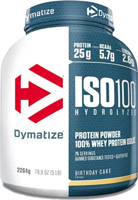 Produktbild von Dymatize ISO 100, Pulver, Hydrolisiertes Molkenprotein, Molkenprotein isoliert, Kuchen, L-Alanin, L-Arginin, L-Asparaginsäure, L-Cystein, L-Glutaminsäure, L-Glycin, L-Histidin,..., Hydrolized whey protein isolate (milk) (50%), whey protein isolate (milk) (45%), emulsifiers..., 25 g