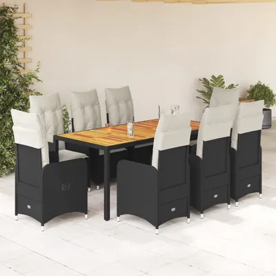 Produktbild von Design 9-tlg. Garten-Bistro-Set mit Kissen Schwarz Poly Rattan, Gartenmöbel-Sets 2024 Neu