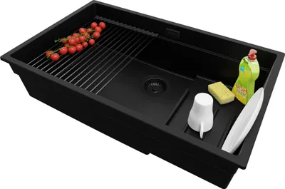 Produktbild von PRIMAGRAN Unterbauspüle Granit Alles Schwarz 76x47cm, Spülbecken 1 Becken + Ablauf-Set + Aufrollbare Abtropffläche, Granitspüle ab 80er Unterschrank - Praga