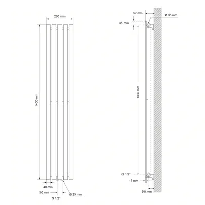 Produktbild von LuxeBath Flachheizkörper Einlagig, 260x1400 mm, Weiß, mit Mittelanschluss, ohne Heizstab