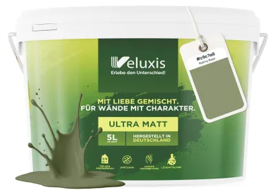 Produktbild von Wandfarbe Grün Salbeigrün Beige Matt Innenfarbe – Deckkraft Klasse 1, VOC-frei, Ohne Grundierung, Tropfarm – Wohnzimmer & Schlafzimmer – 5L – Veluxis (Balmy Basil)