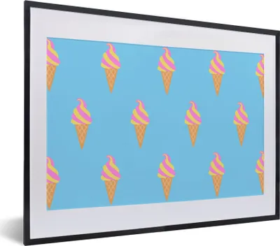 Produktbild von MuchoWow® MuchoWow® Gerahmtes Poster Eiscreme - Muster - Blau 40x30 cm - Poster mit zchwarzem Bilderrahmen - Bilderrahmen - Poster im Rahmen