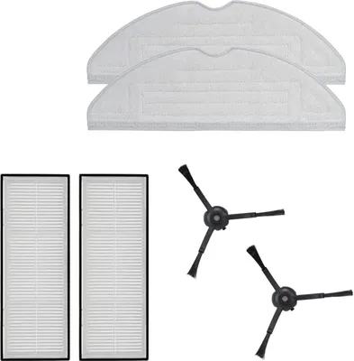 A collection of cleaning accessories for a robot vacuum cleaner, including mop pads, HEPA filters, and side brushes, laid out on a white background.