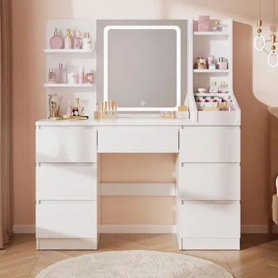 Immagine prodotto di Comò da trucco con illuminazione a LED e specchio, 7 cassetti, 4 ripiani, 3 vani, dimensioni 110x139x40 cm, colore bianco