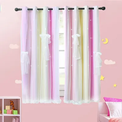 Produktbild von Gardinen Mit Ösen 2er Set Vorhänge Schlafzimmer Kinderzimmer Mädchen Verdunkelung Blickdicht Vorhang mit Hohlen Stern & Voile, 1.3*2.15M, Gelb+Rosa