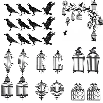 Halloween-Deko-Set: 24 hängende Krähen & Vogelkäfige