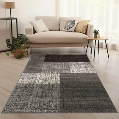 Produktbild von TT Home Teppich für das Wohnzimmer Kariert Modern Grau Schwarz Braun Meliert Größe 80x150 cm