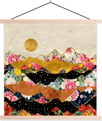 Produktbild von MuchoWow® Textilposter Gold - Blumen - Druck - Abstrakt - Landschaft - Muster 120x120 cm mit holzfarbenen Rahmen - Textil-Poster