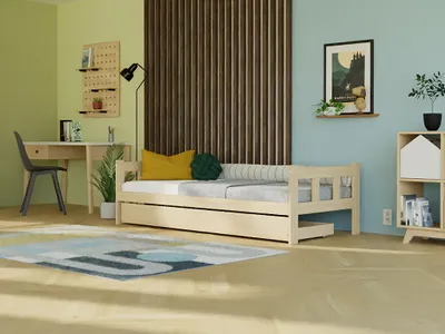 Produktbild von Einzelbett mit Kopfteilen FENCE 2-in-1 aus Holz mit Aufbewahrungsschublade 135x190 cm Unlackiert