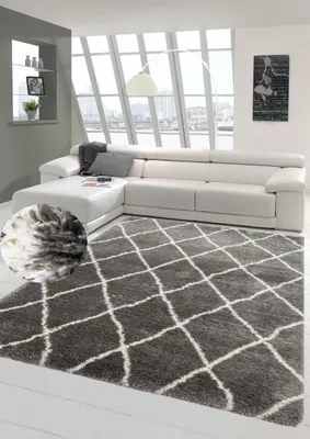 Obrázok produktu pre Koberec Shaggy s dlhým vlasom Koberec s diamantovým vzorom v sivej krémovej farbe Veľkosť - 80x150 cm
