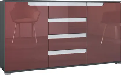 Produktbild von Vladon Sideboard Sylt V1, Kommode mit 2 Türen und 4 Schubladen, Korpus - Anthrazit matt / Front - Bordeaux Hochglanz / Absetzung - Weiß Hochglanz (138,5 x 75,5 x 35 cm)