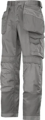 A pair of gray work pants with multiple pockets.
