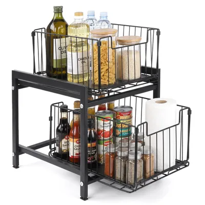 Image de CALIYO, organisateur de cuisine extensible, étagère de rangement pour armoire de cuisine, étagère métallique pour cuisine, organisateur pour meubles bas de cuisine, salon et salle de bain