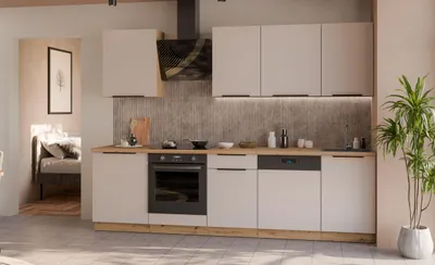 Produktbild von Küche SOLANO BASIC 280 cm Küchenzeile Küchenblock Einbauküche Kaschmir beige matt + Eiche Artisan matt