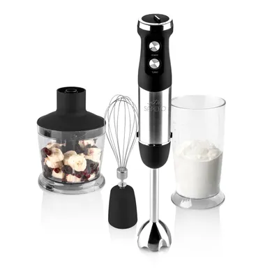 A hand blender set with accessories, including a chopper, whisk, and beaker, displayed against a white background.