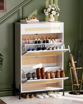 Produktbild von Schmaler Schuhschrank mit Rattanfront, 3 Klappfächer, verstellbare Einlegeböden, freistehend, Weiß