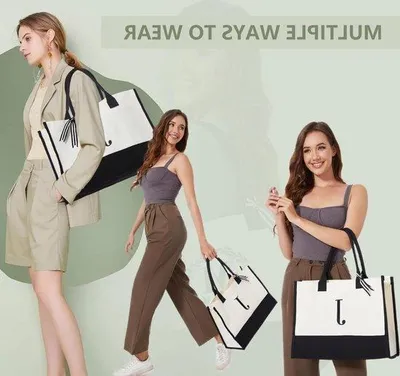 Produktbild von Große Canvas-Tasche für Frauen mit Initialen - Schul- und Einkaufstasche mit Taschenfächern für Mädchen, Frauen, Lehrerinnen