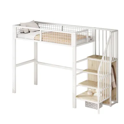 Produktbild von Hochbett,Etagebett(Weiss) mit Leiter, Kinderbett mit Eisenrahmen und Aufbewahrungsregal, Kleiderschrank