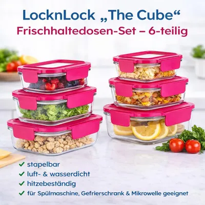 Produktbild von LocknLock „The Cube“ Glas-Frischhaltedosen Set – 6-teilig stapelbar luft- & wasserdicht
