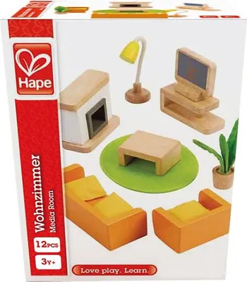 Obrázok produktu pre Hape Drevený domček pre bábiky Obývacia izba - sada doplnkov pre mediálnu miestnosť
