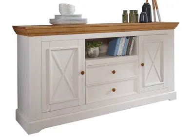 Produktbild von Sideboard "WZ-0133" aus Kiefer massiv in weiß mit 2 Schubladen und 2 Türen. Abmessungen (BxHxT) 169x88x42 cm