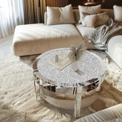 Image de Table basse miroir - Table ronde - Meuble moderne - Incrustation en cristal - En MDF et verre - Diamètre 80 cm