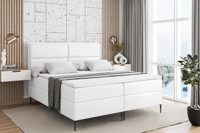 Produktbild von ALTDECOR  Boxspringbett mit Schwarz Füßen, Matratze und Lattenrost, Boxbett, Topper, Polsterbett mit Bettkasten, Bett mit Stauraum H4-Matratze, Doppelbett - AURA-FC- 160x200 - Weiß Kunstleder