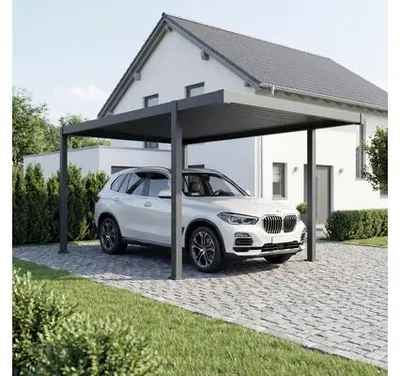 Produktbild von Aluminium-Einzelcarport Konsta Flachdach Stahlplatten Pfosten 11 x 11 cm 300 x 500 cm anthrazit - ähnlich RAL7015
