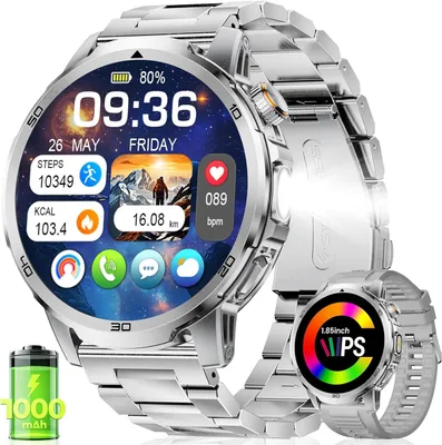 LIGE Smartwatch Herren 1,85" HD Touchscreen, 1000mAh Akku, Bluetooth Anrufe, LED-Taschenlampe, 120+ Sportmodi, SpO2/Herzfrequenz/, IP68 wasserdicht