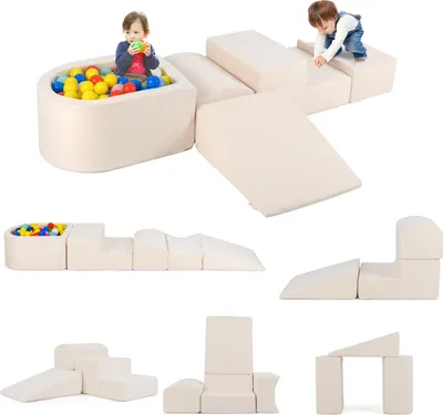 Produktbild von GOPLUS Schaumstoffbausteine ohne Ozeanbälle, 5-teiliges Softbausteine mit Wildlederbezug, Hochdichtes Schaumstoff, Weiche Riesenbausteine, Beige