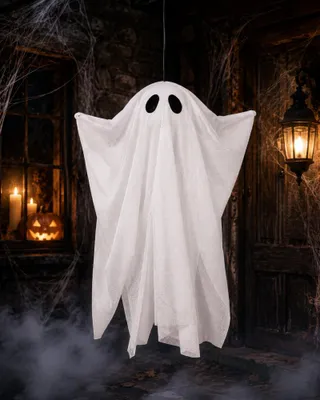 Produktbild von Halloween Geist zum Aufhängen ca. 30 cm – Weiße Hängedeko für Tür & Fenster