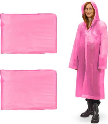 Produktbild von Relaxdays Regenmantel 2er Set, mit Kapuze, Regenponcho wiederverwendbar, Damen & Herren, wasserdicht, lang, leicht, pink
