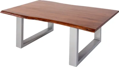 Produktbild von Couchtisch Baumkante massiv Akazie Nussbaum 140 x 75 cm U-Gestell silber INSA