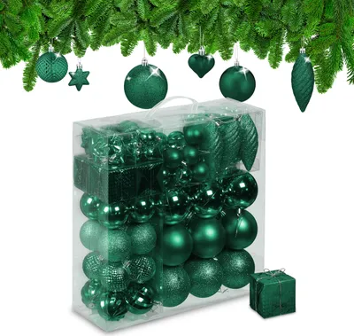 Image de Lot de 110 boules de Noël Relaxdays, en plastique, décorations pour sapin de Noël avec boules et guirlandes, vert foncé