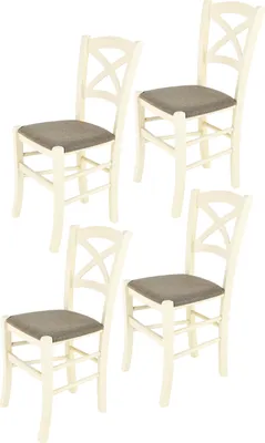 Produktbild von t m c s Tommychairs - 4er Set Stühle CROSS für Küche und Esszimmer, robuste Struktur aus lackiertem Buchenholz in der Anilinfarbe Weiss und gepolsterte Sitzfläche mit Stoff in der Farbe Rehbraun bezogen