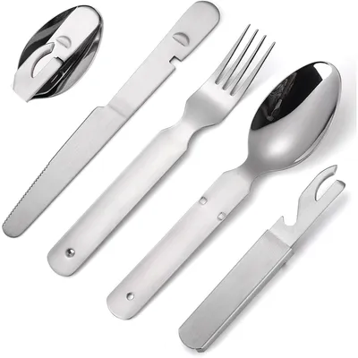 Produktbild von Bestecksets, Edelstahl Besteck 4-Teilig, Tragbares Messer Gabel und Löffelset, Für Outdoor-Camping-Bestecke, Messer, Gabel und Löffel Flaschenöffner