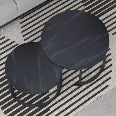 Produktbild von KAHOO Couchtisch Runder Kaffeetisch, 2tlg. mit Marmormuster, 70x45cm+50x40cm, Schwarz
