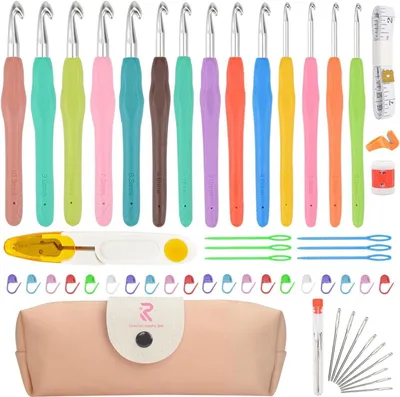 Imagen del producto de Juego de agujas de ganchillo de 54 piezas - Agujas de ganchillo ergonómicas - Agujas de ganchillo cómodas - Set para principiantes - Incluye accesorios para ganchillo - Ideal para proyectos de bordes de alfombras