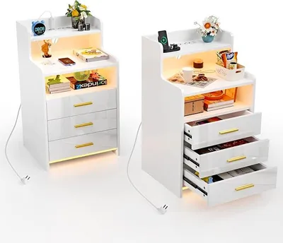 Imagen del producto de Mesita de noche blanca, juego de 2 unidades con 3 cajones y 2 compartimentos, mesita de noche con LED, puertos USB y enchufes, ideal para el dormitorio, también como mesa auxiliar en el salón, dimensiones: 40x45x76 cm