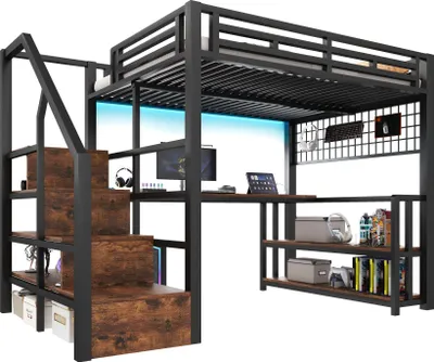 Produktbild von Hochbett mit RGB LED-Streifen, Schreibtisch, Treppe, Regal, Wandgitter, USB, Type-C, 140x200cm, Kinderbett, Metallbett