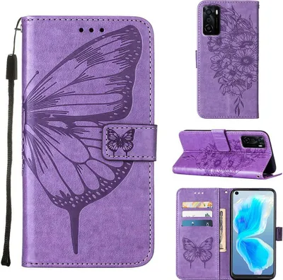 Produktbild von OPPO A55S 5G Hülle, Schmetterling Prägung Flip Leder Kartenfächer Schutzhülle Ledertasche mit Ständer für OPPO A55S 5G Violett