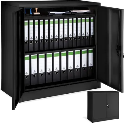 A black metal filing cabinet filled with binders is shown with one door open. A smaller inset image shows the cabinet closed.