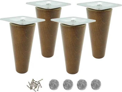 Four wooden furniture legs with silver square tops are arranged on a white background. Below the legs are screws and felt pads.