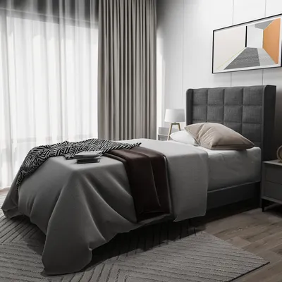 Produktbild von Merax Čalúnená posteľ 90x200 cm s lamelovým roštom a čalúneným čelom, posteľ pre mladých s ľanovým rámom, sivá
