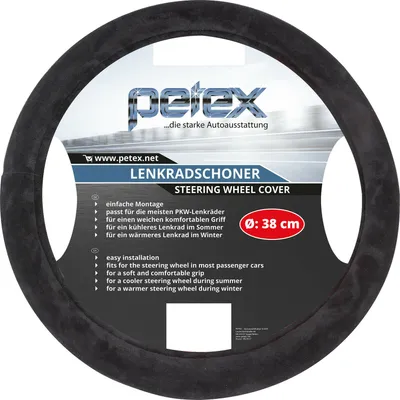 A steering wheel cover with product information and branding.