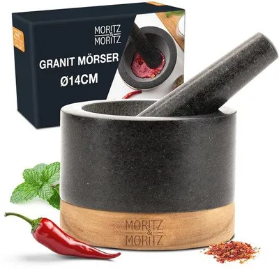 Produktbild von Famanu Mörser und Mühle aus Granit mit Holzsockel - 14 cm Durchmesser