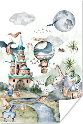 Produktbild von MuchoWow® Poster Kinder - Heißluftballon - Drache - Jungen - Burg - Aquarell 80x120 cm - Papierdruck