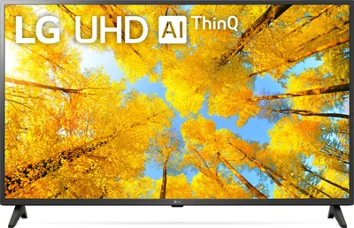 A television screen displaying a vibrant image of trees with yellow leaves against a blue sky.