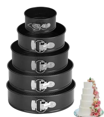 Immagine prodotto di Set di stampi a cerniera rotondi, 5 pezzi, da 18 a 26 cm, Acciaio al carbonio, con rivestimento antiaderente e fondo removibile
